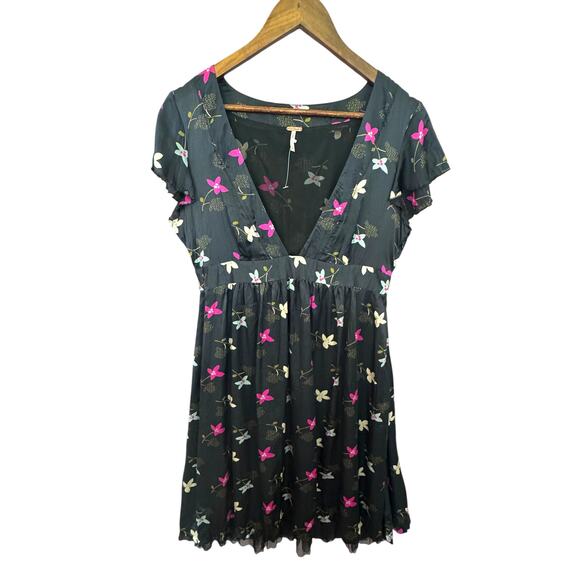 Free People Silk Floral Mini Dress Black Pink Boho Romantic Size 8 - Picture 1 of 6